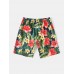 Mens Floral Leaf Print Holiday Mid Length Drawstring Shorts