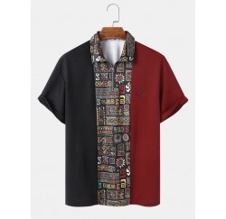 Mens Smile Face   Geometric Print Patchwork Short Sleeve Golf Shirts